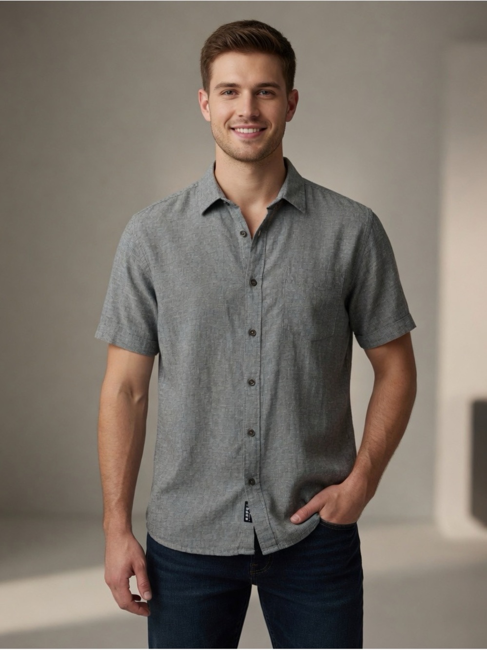 I.N.C International Concepts Gray Linen Blend Short-Sleeve Shirt Size M